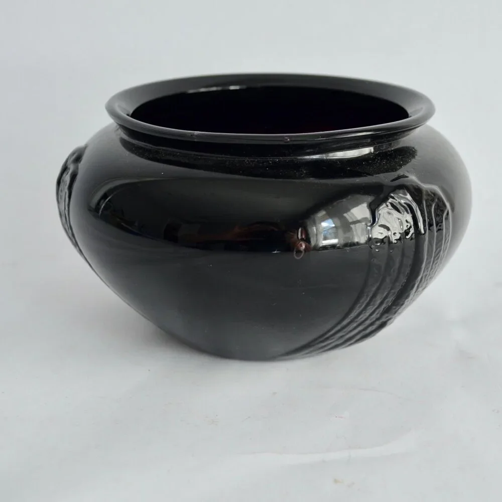 LE Smith Black Glass Bowl Glass Round Vase Art Deco